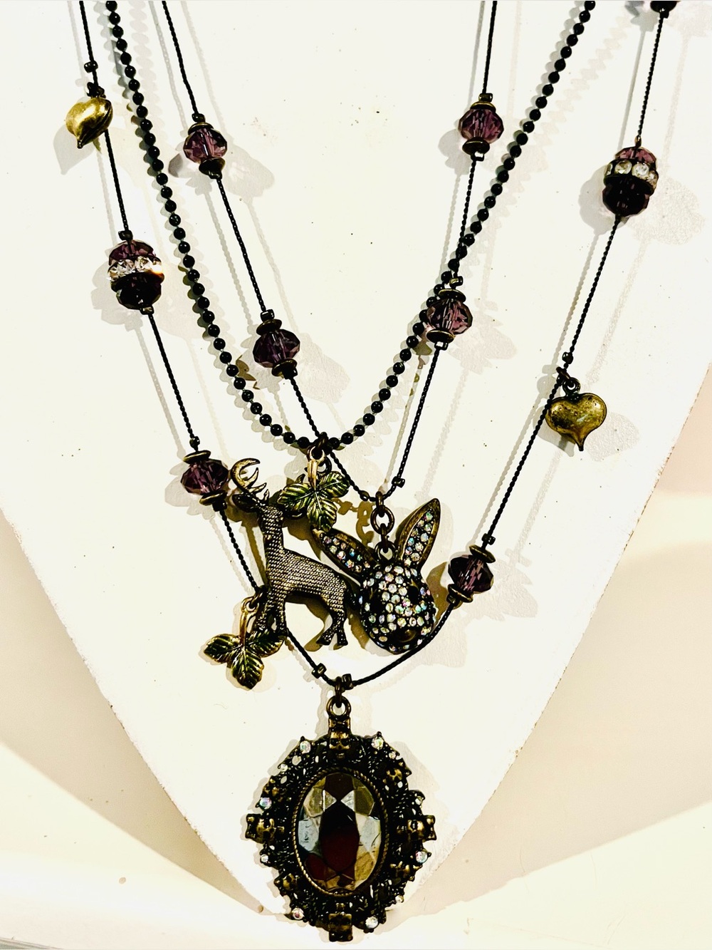 Betsey Johnson Dark Forest 3 Strand Necklace Deer Rabbit Hematite Pendant Purple